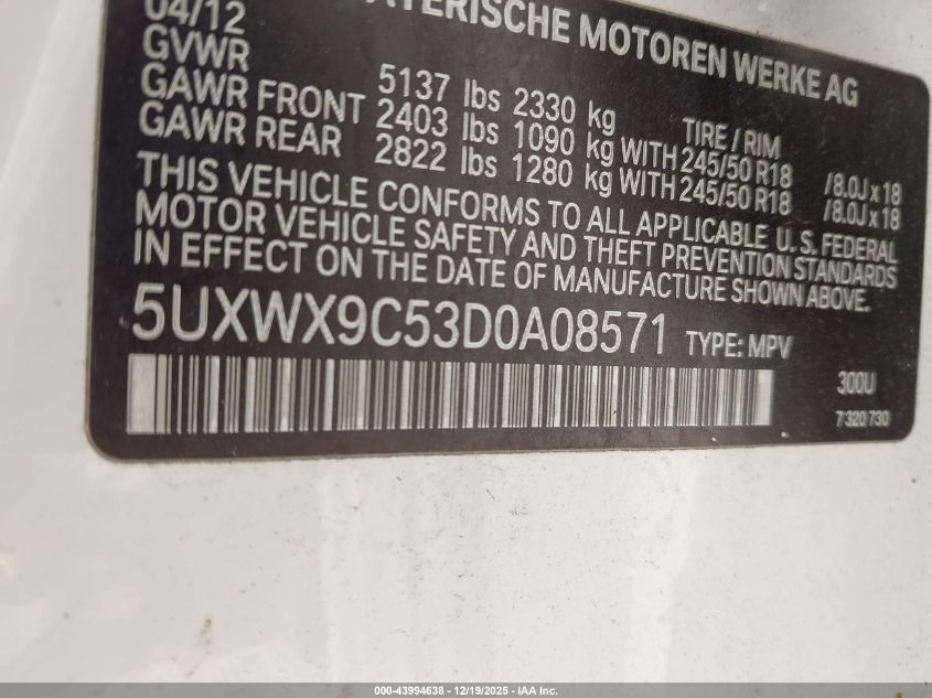 2013 BMW X3 xDrive28I VIN: 5UXWX9C53D0A08571 Lot: 43994638