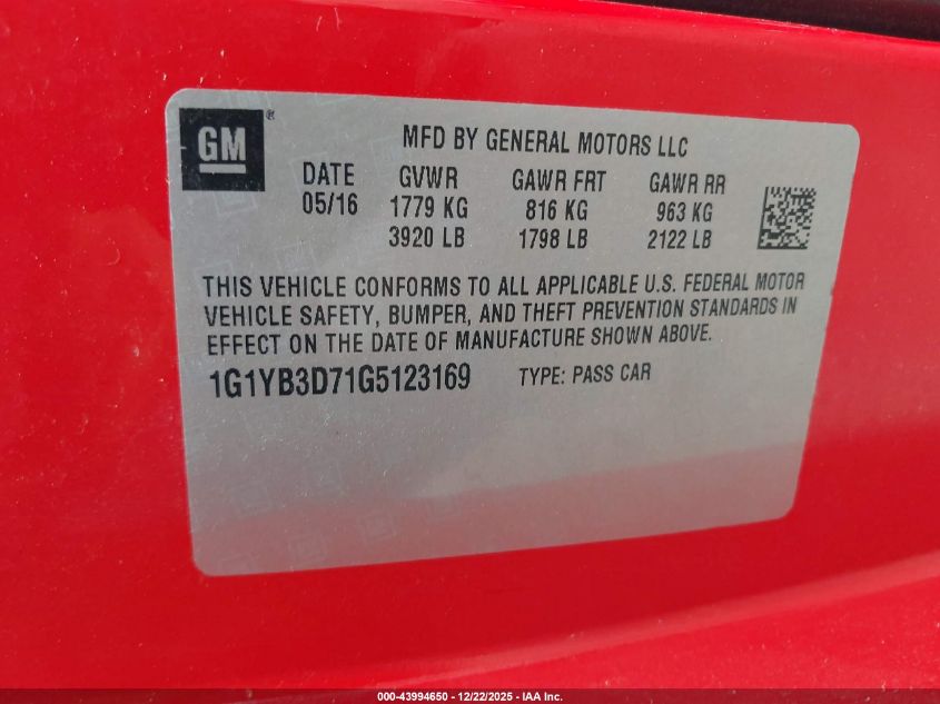 2016 Chevrolet Corvette Stingray VIN: 1G1YB3D71G5123169 Lot: 43994650