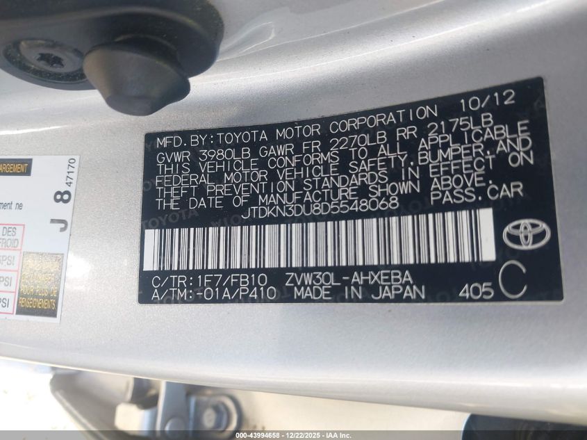 2013 Toyota Prius Two VIN: JTDKN3DU8D5548068 Lot: 43994658