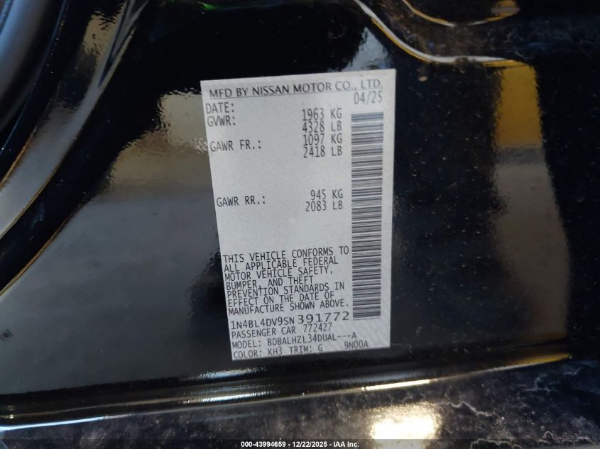 2025 Nissan Altima Sv Fwd VIN: 1N4BL4DV9SN391772 Lot: 43994659