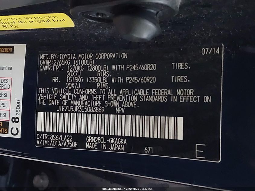 2014 Toyota 4Runner Limited VIN: JTEZU5JR3E5083869 Lot: 43994664