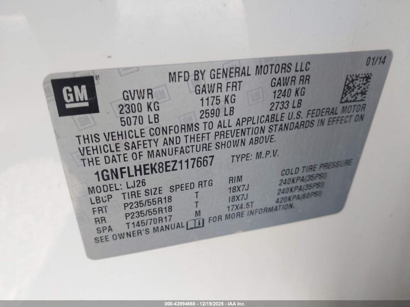 2014 Chevrolet Equinox Ltz VIN: 1GNFLHEK8EZ117667 Lot: 43994668