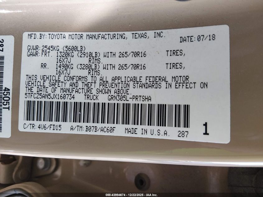 2018 Toyota Tacoma Trd Off Road VIN: 5TFCZ5AN5JX160734 Lot: 43994674