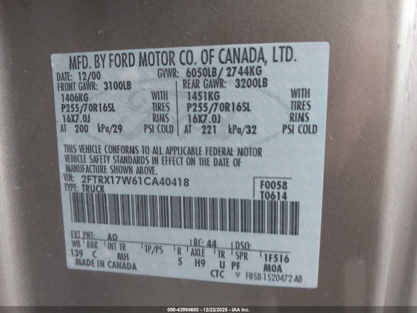 2001 Ford F-150 Lariat/Xl/Xlt VIN: 2FTRX17W61CA40418 Lot: 43994680