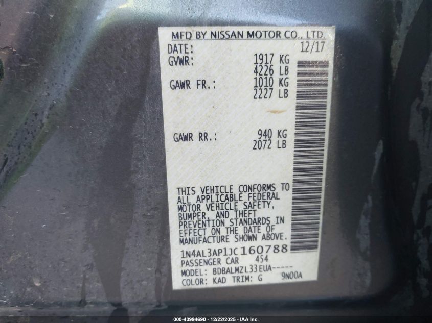 2018 Nissan Altima 2.5 Sv VIN: 1N4AL3AP1JC160788 Lot: 43994690