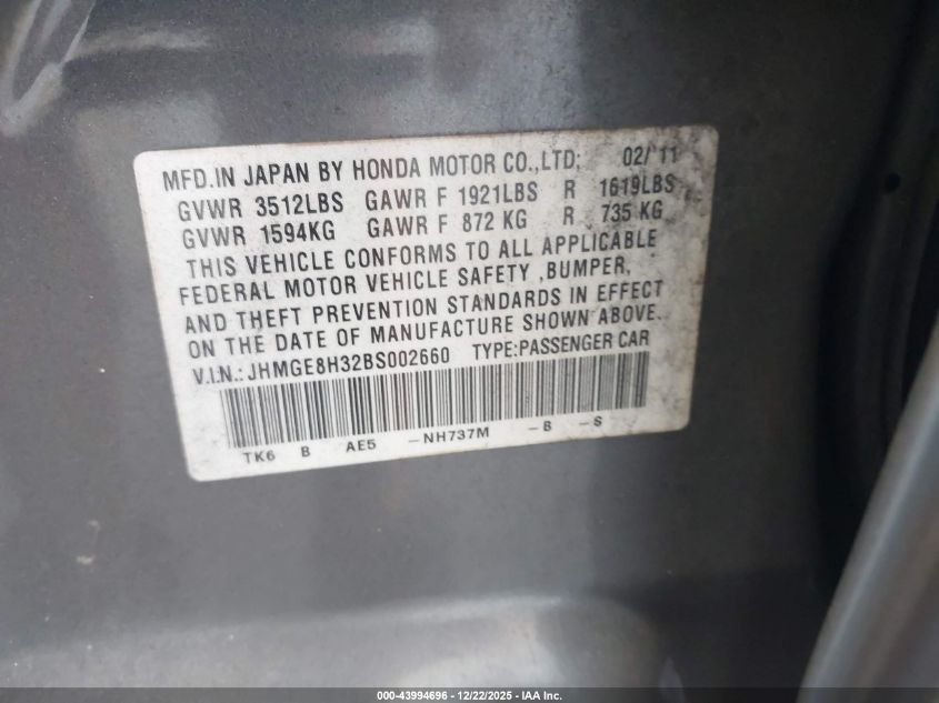 2011 Honda Fit VIN: JHMGE8H32BS002660 Lot: 43994696