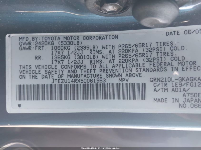 2005 Toyota 4Runner Sr5 V6 VIN: JTEZU14RX50061563 Lot: 43994698