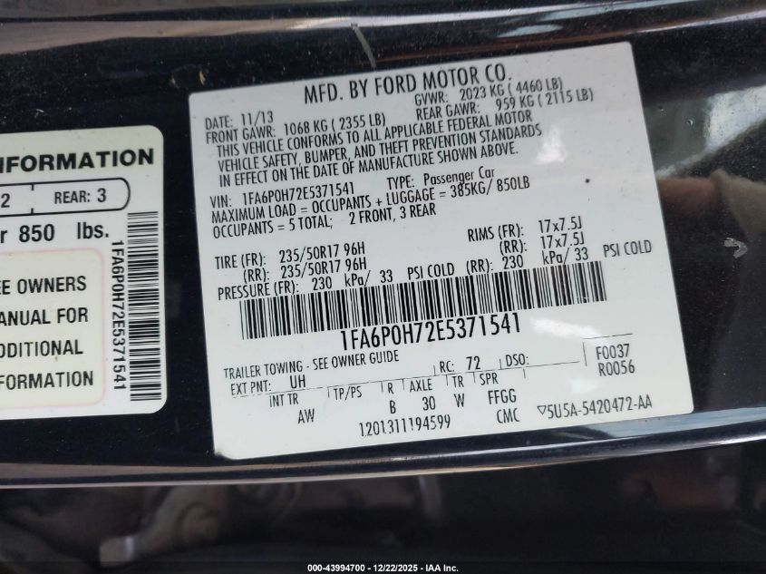 2014 Ford Fusion Se VIN: 1FA6P0H72E5371541 Lot: 43994700