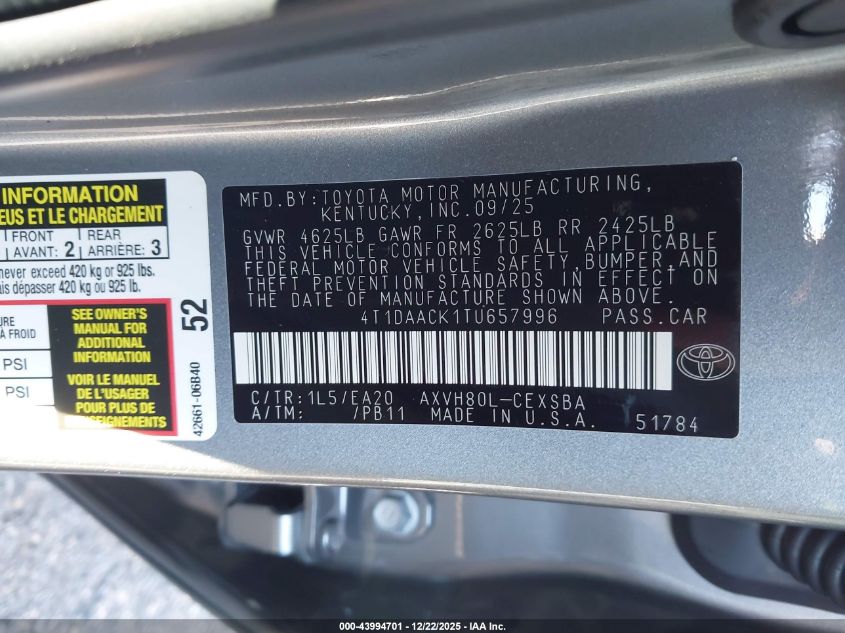 2026 Toyota Camry Se VIN: 4T1DAACK1TU657996 Lot: 43994701