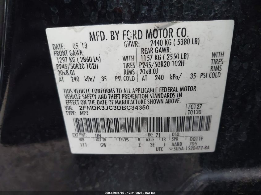 2013 Ford Edge Sel VIN: 2FMDK3JC3DBC34350 Lot: 43994707