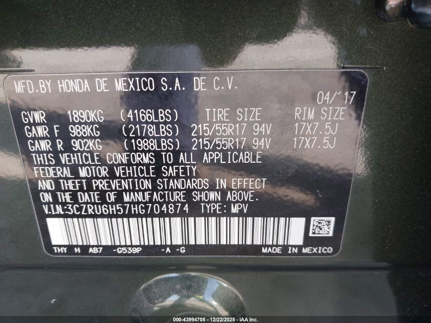 2017 Honda Hr-V Ex VIN: 3CZRU6H57HG704874 Lot: 43994708