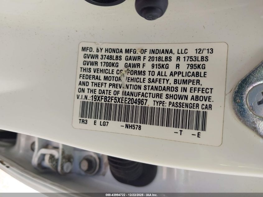 2014 Honda Civic Lx VIN: 19XFB2F5XEE204967 Lot: 43994722