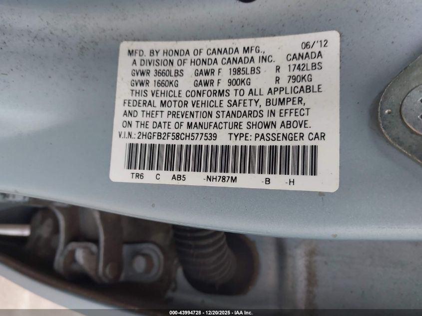 2012 Honda Civic Lx VIN: 2HGFB2F58CH577539 Lot: 43994728