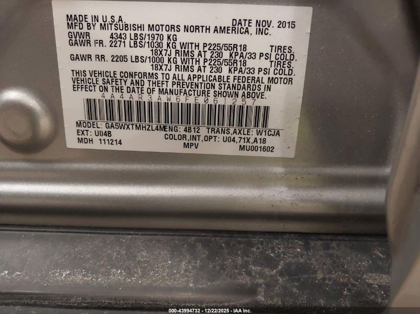 2015 Mitsubishi Outlander Sport Es VIN: 4A4AR3AW6FE061257 Lot: 43994732