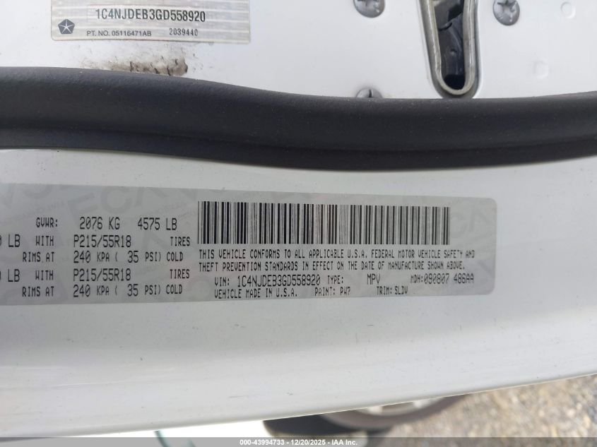 2016 Jeep Compass High Altitude Edition VIN: 1C4NJDEB3GD558920 Lot: 43994733