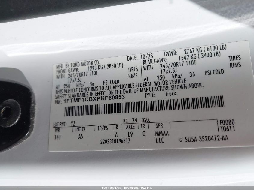 2023 Ford F-150 Xl VIN: 1FTMF1CBXPKF60853 Lot: 43994738