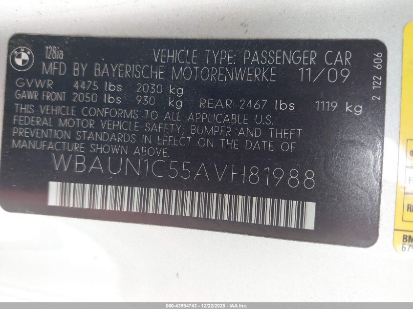 2010 BMW 128I VIN: WBAUN1C55AVH81988 Lot: 43994743