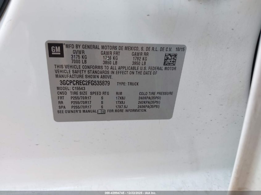 2015 Chevrolet Silverado 1500 1Lt VIN: 3GCPCREC2FG535879 Lot: 43994745