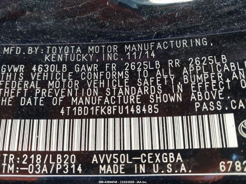 2015 Toyota Camry Hybrid Xle VIN: 4T1BD1FK8FU148485 Lot: 43994748