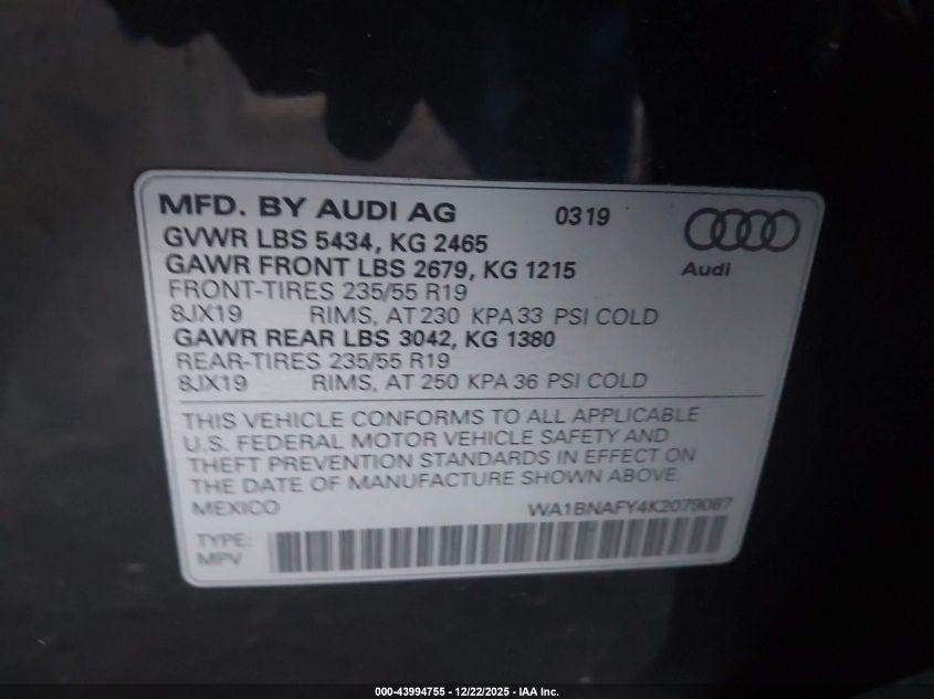2019 Audi Q5 45 Premium VIN: WA1BNAFY4K2079087 Lot: 43994755