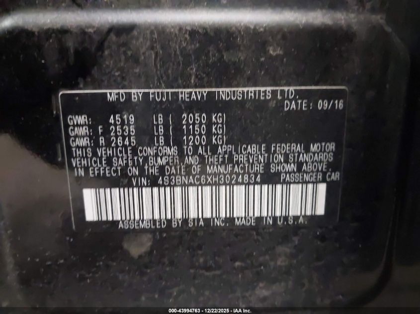 2017 Subaru Legacy 2.5I Premium VIN: 4S3BNAC6XH3024834 Lot: 43994763