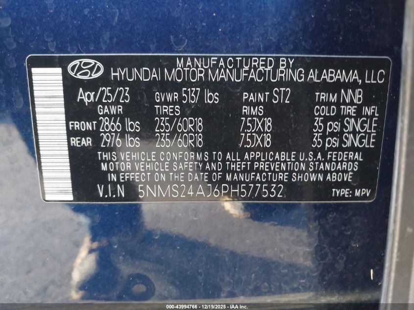 2023 Hyundai Santa Fe Sel VIN: 5NMS24AJ6PH577532 Lot: 43994766