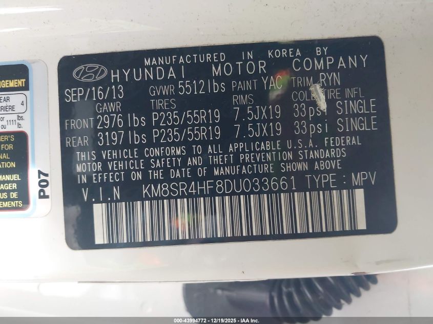 2013 Hyundai Santa Fe Limited VIN: KM8SR4HF8DU033661 Lot: 43994772