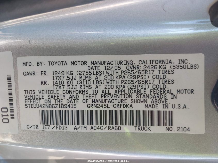 2006 Toyota Tacoma Base V6 VIN: 5TEUU42N86Z189415 Lot: 43994776