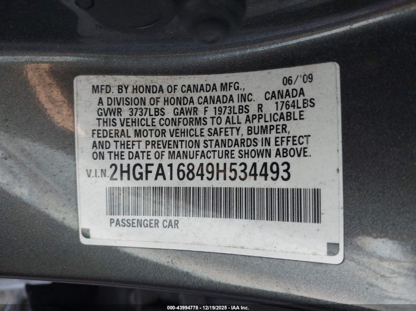 2009 Honda Civic Ex VIN: 2HGFA16849H534493 Lot: 43994778