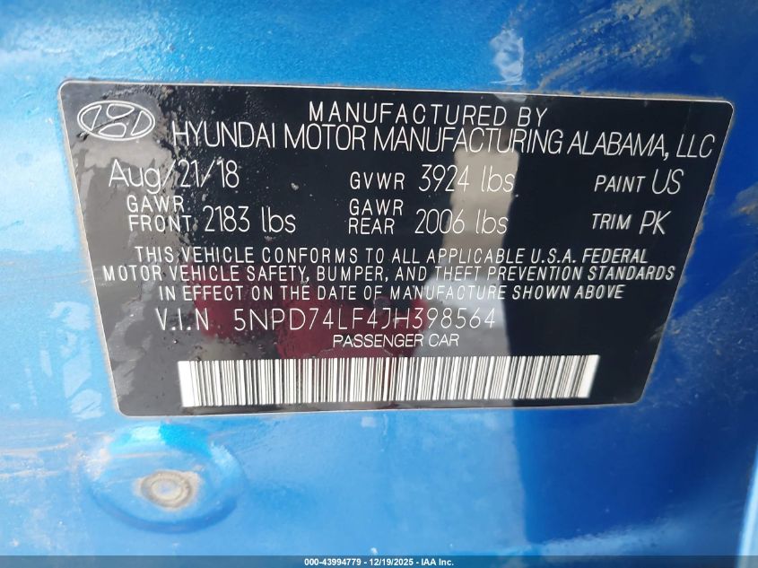 2018 Hyundai Elantra Se VIN: 5NPD74LF4JH398564 Lot: 43994779