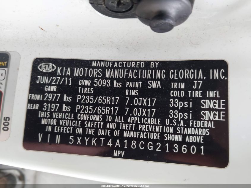 2012 Kia Sorento Lx VIN: 5XYKT4A18CG213601 Lot: 43994780