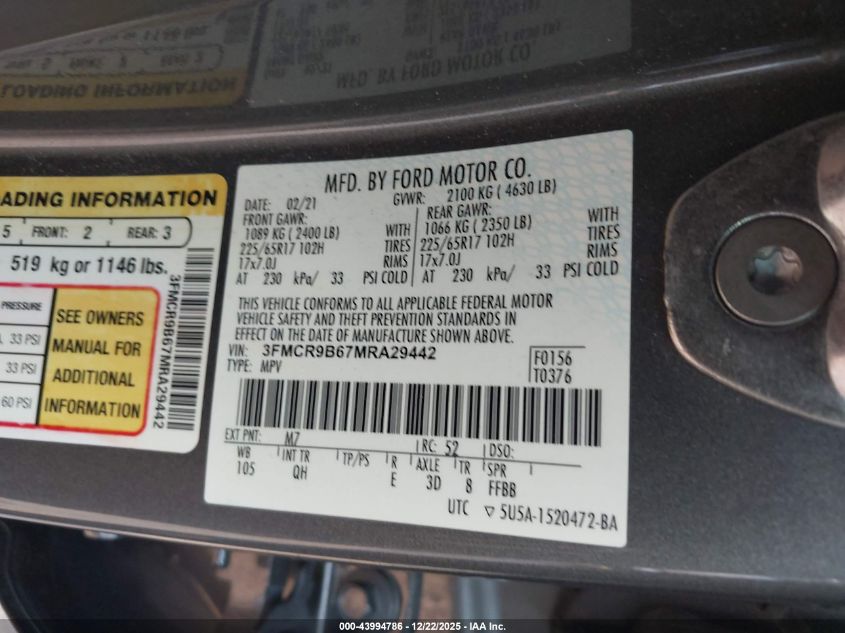 2021 Ford Bronco Sport Big Bend VIN: 3FMCR9B67MRA29442 Lot: 43994786