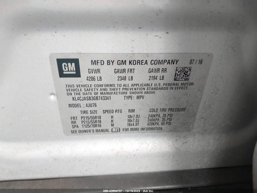 2016 Buick Encore VIN: KL4CJASB3GB743341 Lot: 43994787