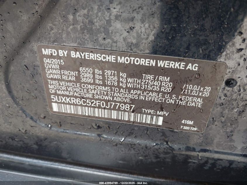 2015 BMW X5 xDrive50I VIN: 5UXKR6C52F0J77987 Lot: 43994789