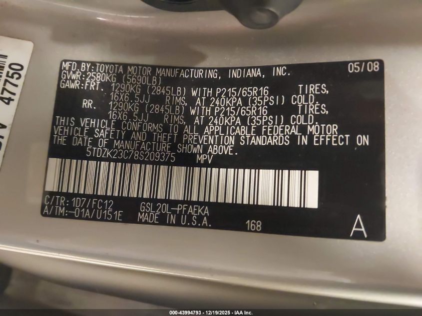 2008 Toyota Sienna Le VIN: 5TDZK23C78S209375 Lot: 43994793