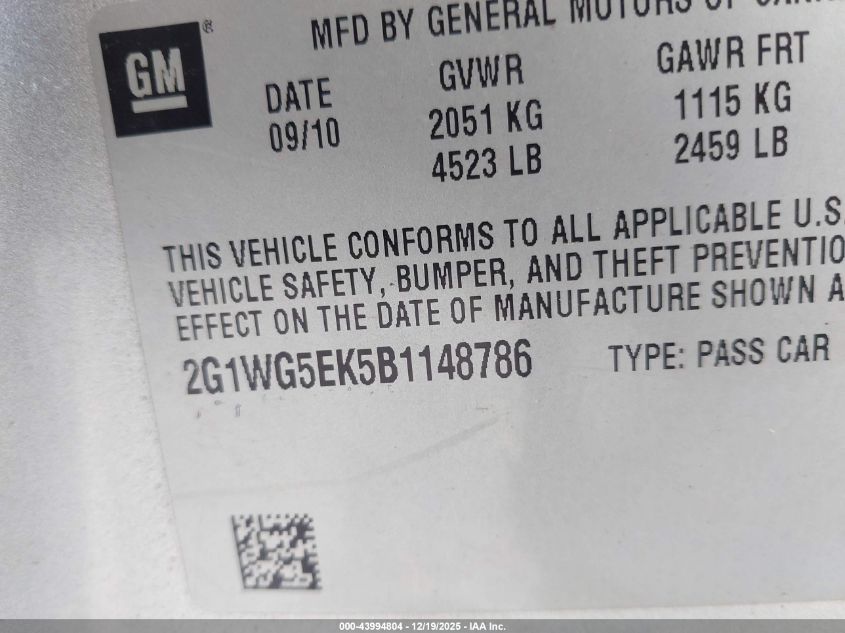 2011 Chevrolet Impala Lt VIN: 2G1WG5EK5B1148786 Lot: 43994804