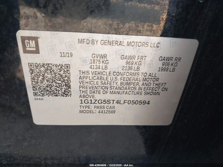 2020 Chevrolet Malibu Fwd Rs VIN: 1G1ZG5ST4LF050594 Lot: 43994806