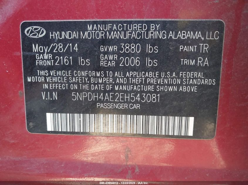 2014 Hyundai Elantra Se VIN: 5NPDH4AE2EH543081 Lot: 43994812