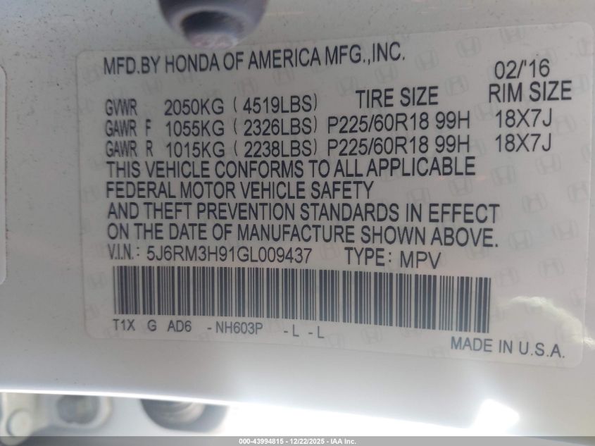 2016 Honda Cr-V Touring VIN: 5J6RM3H91GL009437 Lot: 43994815