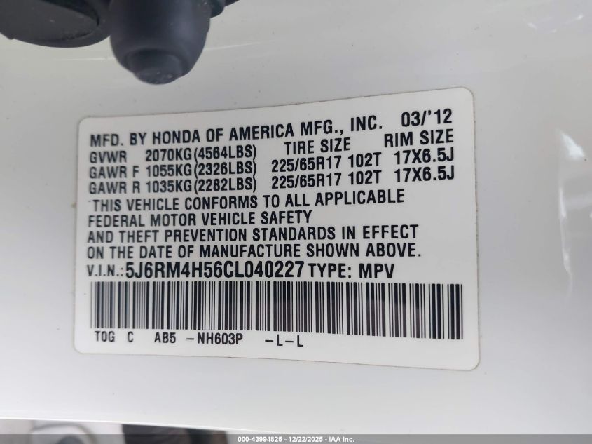 2012 Honda Cr-V Ex VIN: 5J6RM4H56CL040227 Lot: 43994825