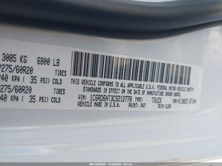 2012 Ram 1500 Laramie VIN: 1C6RD6NT3CS212778 Lot: 43994830