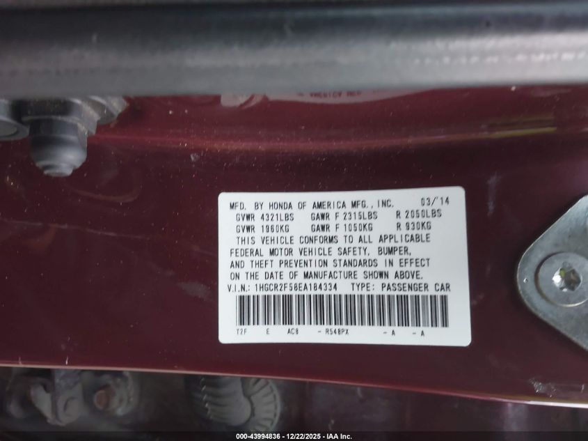 2014 Honda Accord Sport VIN: 1HGCR2F58EA184334 Lot: 43994836