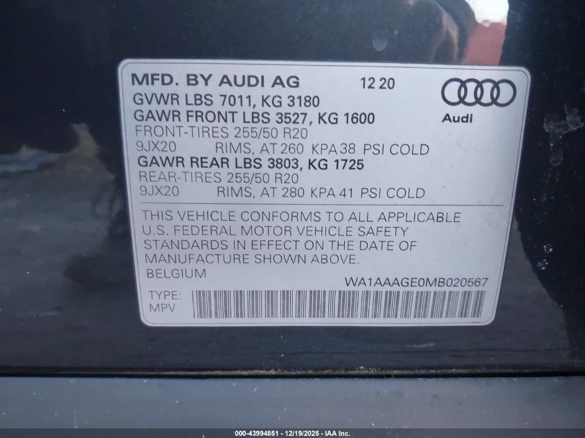 2021 Audi E-Tron Premium Quattro VIN: WA1AAAGE0MB020567 Lot: 43994851