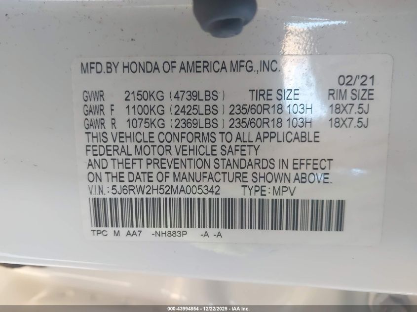 2021 Honda Cr-V Awd Ex VIN: 5J6RW2H52MA005342 Lot: 43994854