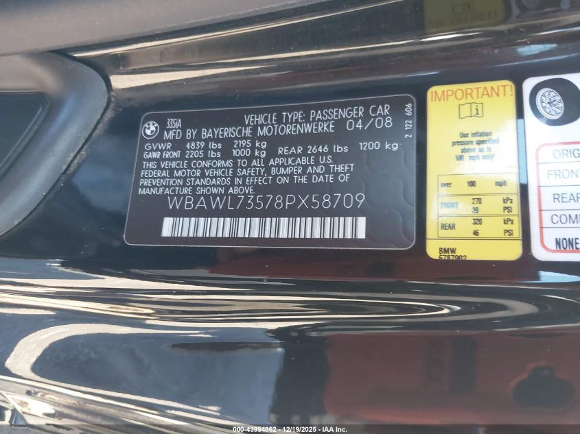 2008 BMW 335I VIN: WBAWL73578PX58709 Lot: 43994862
