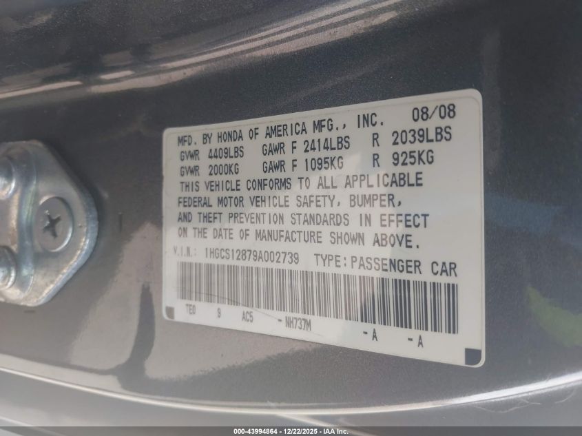 2009 Honda Accord 2.4 Ex-L VIN: 1HGCS12879A002739 Lot: 43994864