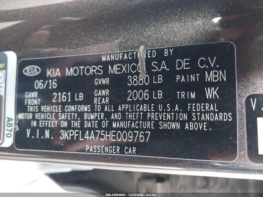 2017 Kia Forte Lx VIN: 3KPFL4A75HE009767 Lot: 43994868