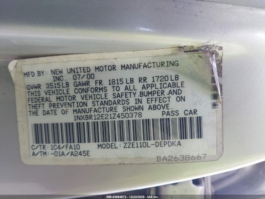 2001 Toyota Corolla Le VIN: 1NXBR12E21Z450378 Lot: 43994872