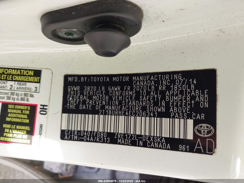 2014 Toyota Corolla S Plus VIN: 2T1BURHE4EC206341 Lot: 43994875