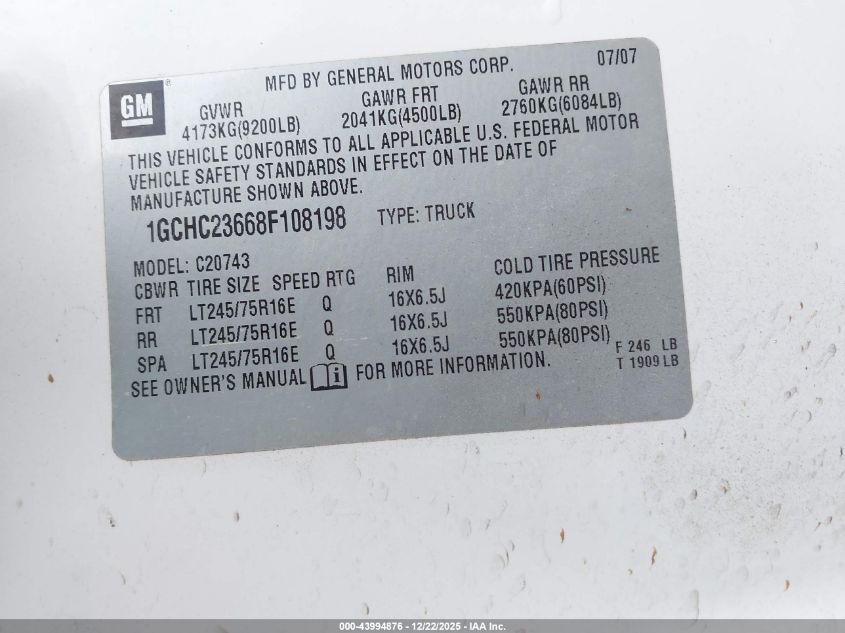 2008 Chevrolet Silverado 2500Hd Lt2 VIN: 1GCHC23668F108198 Lot: 43994876
